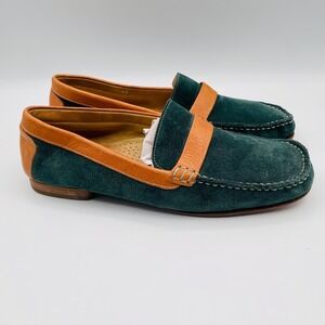 Womens 7 Handcrafted Italian Suede Leather Loafers Shoes Green Slip On Driving
